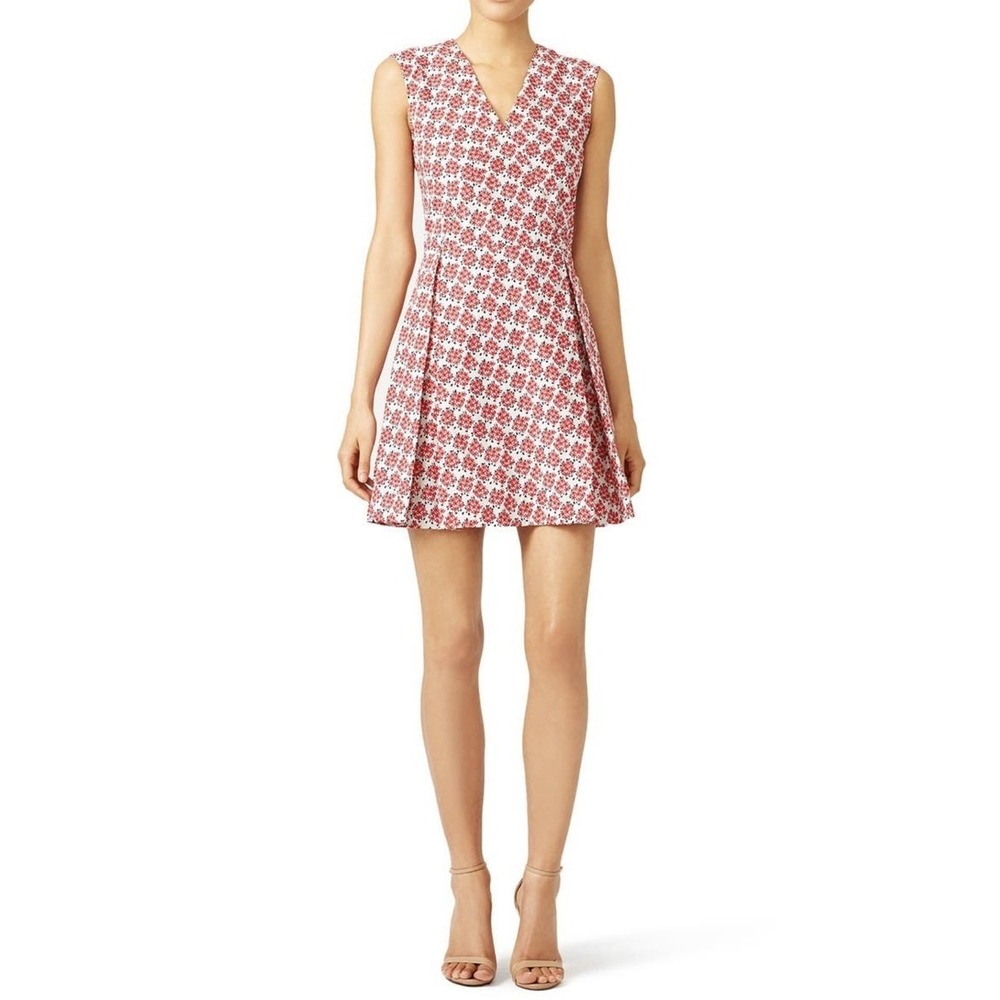 SUNO Rosy Picnic Red Floral Print Cream‎ Sleeveless V-Neck Pleated Mini Dress 2